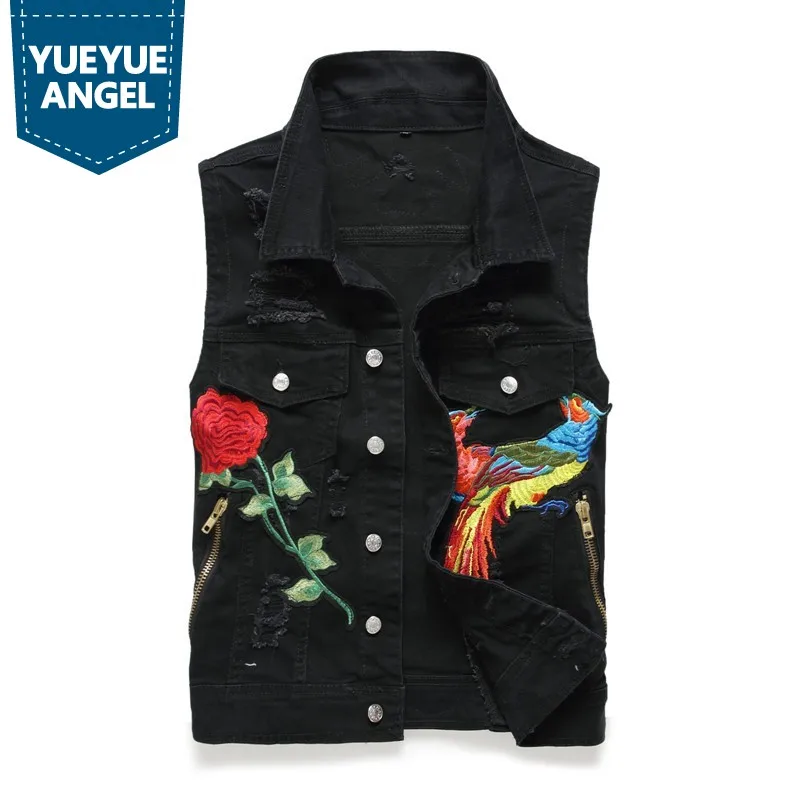 

Mens Denim Vests Fashion Summer Distressed Sleeveless Black Jaqueta Masculina Slim Fit Embroidery Flower Casual Jeans Vest