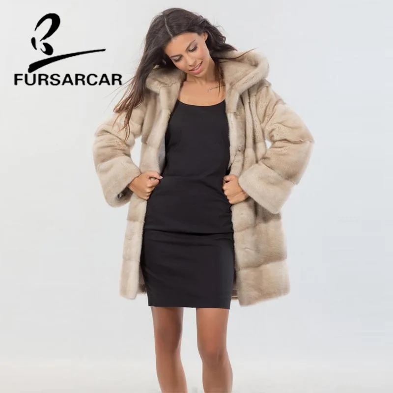 Женская Шуба из меха норки FURSARCAR зимняя шуба с капюшоном в английском стиле