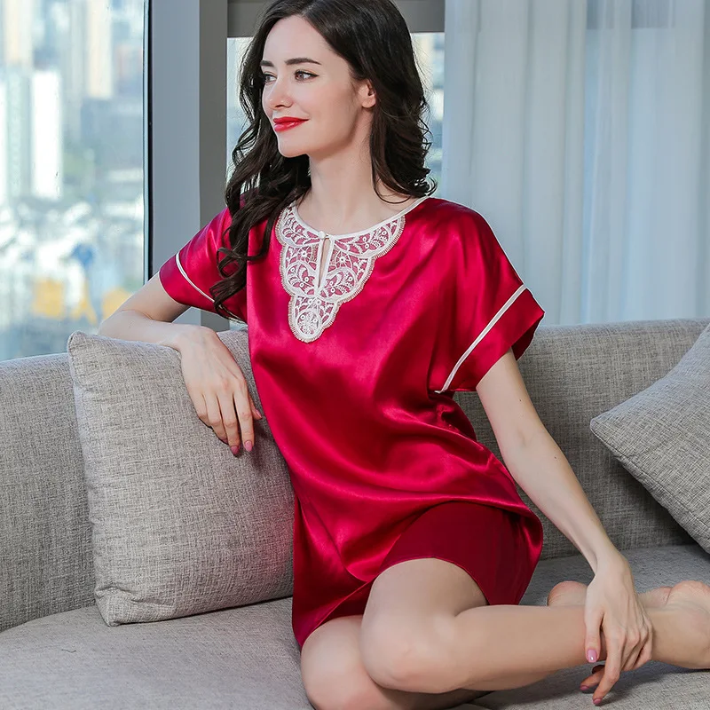 Sexy Real Silk Sleepwear Female Spring Summer Lace Elegant Short Sleeve 100% SILK Nightgowns Woman's Nightdress S55146