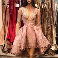 2022 pink a line deep v neck bridesmaid dresses illusion long sleeves lace hi lo party queen prom dresses