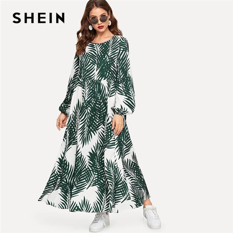 SHEIN Платье С Оригинальным Рукавом И Графическим Принтом Платье с Тропическим Принтом И Высокой Талией Осенние Платья