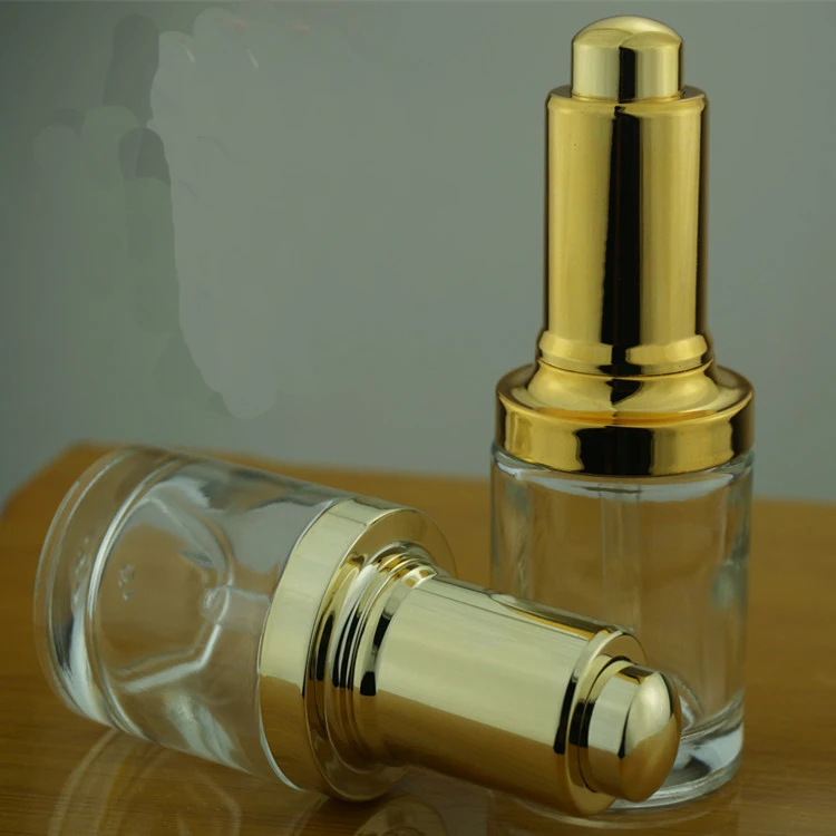 30 мл прозрачная стеклянная бутылка с серебряным/золотым прессом насос пипетка