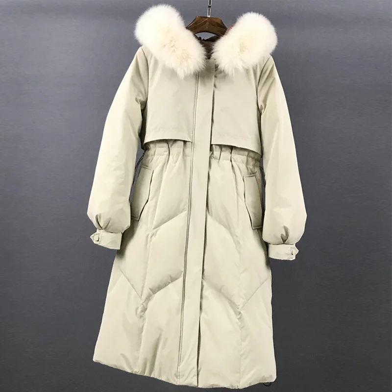 Женская длинная парка на утином пуху с натуральным меховым воротником теплая