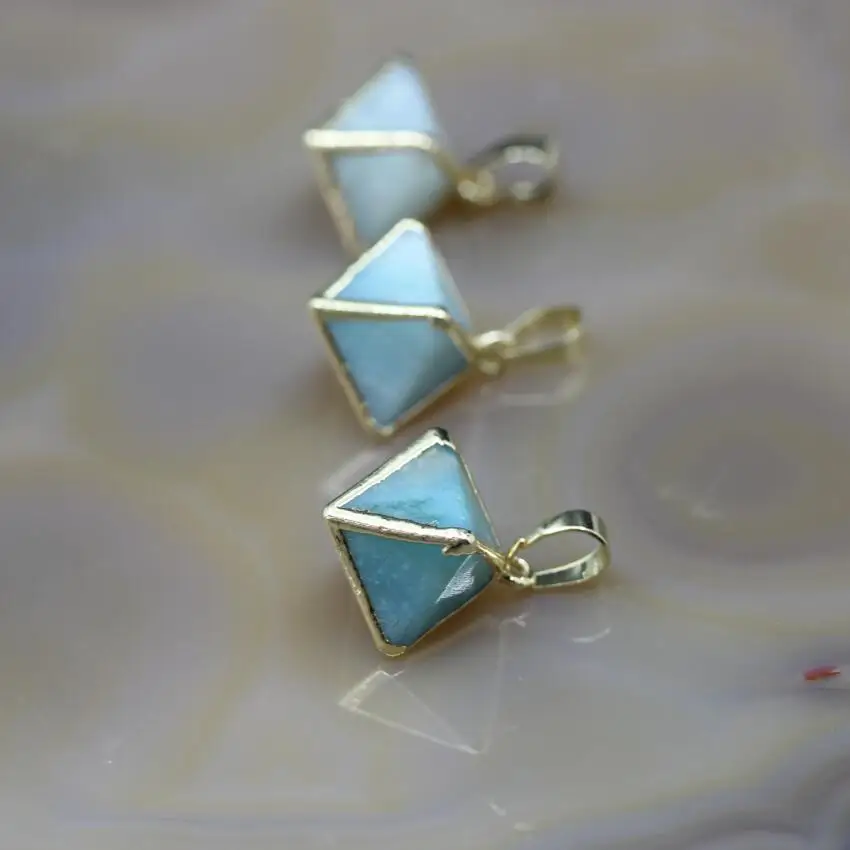 

5Pcs/lot,Amazonite Faceted Pyramid Nugget Charms,Natural Blue Stone Gem Cube Octahedron Shape Gold Edges Pendants,Jewelry Making