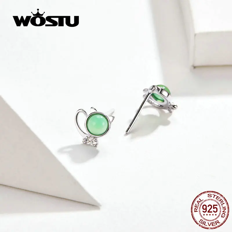 Женские серьги-гвоздики WOSTU с милым котиком, 925 пробы, серебряные, зеленые камни, маленькие серьги для женщин, массивные серебряные 925 ювелирные изделия CQE653