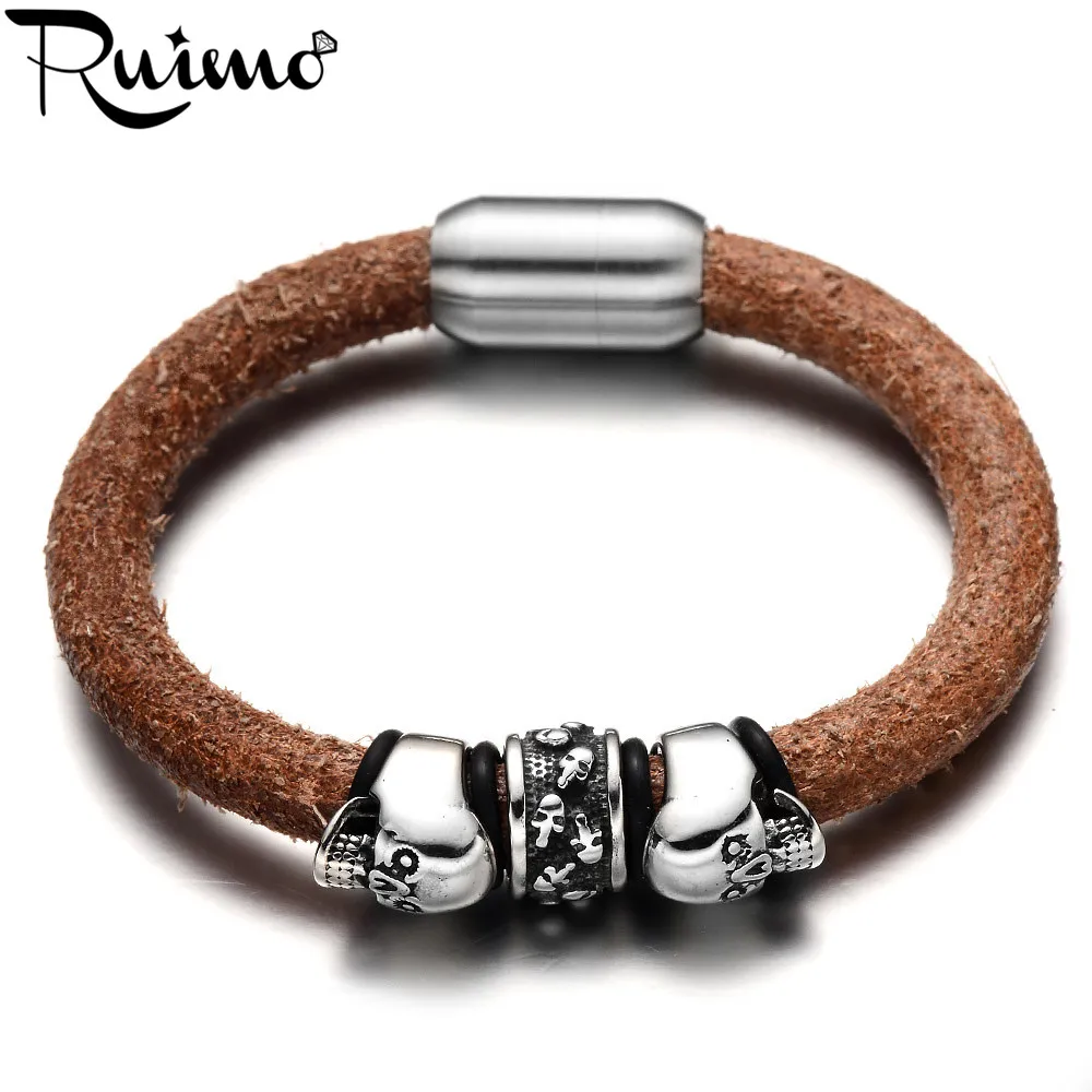 Мужской браслет из натуральной кожи RUIMO черный нержавеющей стали с черепом