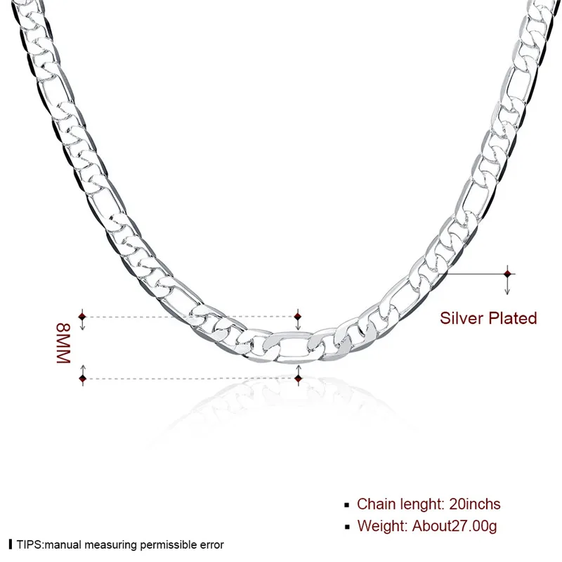 Ожерелье цепочка Фигаро мужское 8 мм 20 дюймов серебро 925 пробы|chain necklace|necklace for