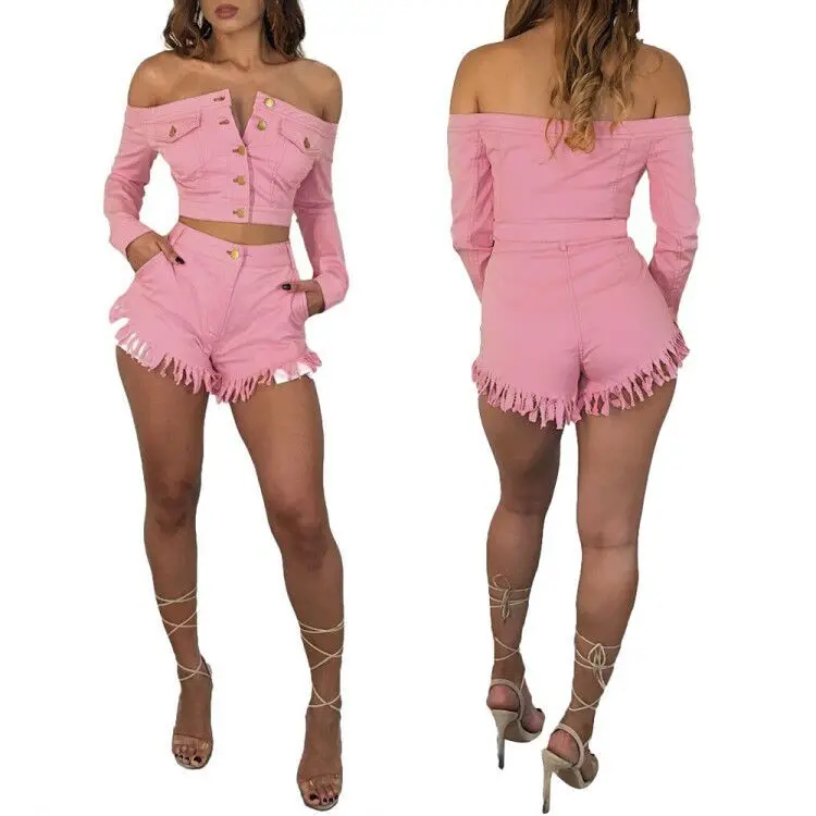 2018 сексуальный розовый Джинсовый комплект из двух предметов с шортами