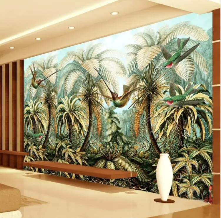 

Tropical Banana Leaf Wallpaper Canvas Large Hand Painted Wall Painting 3D Rainforest Birds for Living Room Backdrop Wall Paper