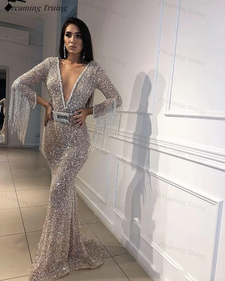 Роскошные Дубай Русалка платья для выпускного вечера с длинным рукавом глубокий