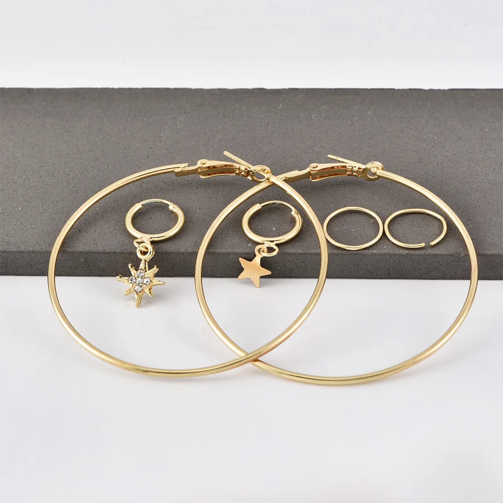 New Fashion Popular Personality Women's Exaggerated Five-pointed Star Big Circle Earrings Combination Set Hot Jewelry Wholesale