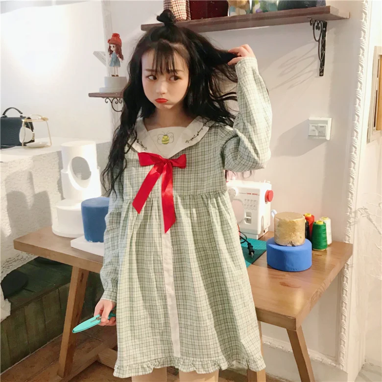 Kawaii платье лолиты весеннее женское японское милое студенческое платье с бантом и вышивкой в клетку летнее маленькое свежее платье