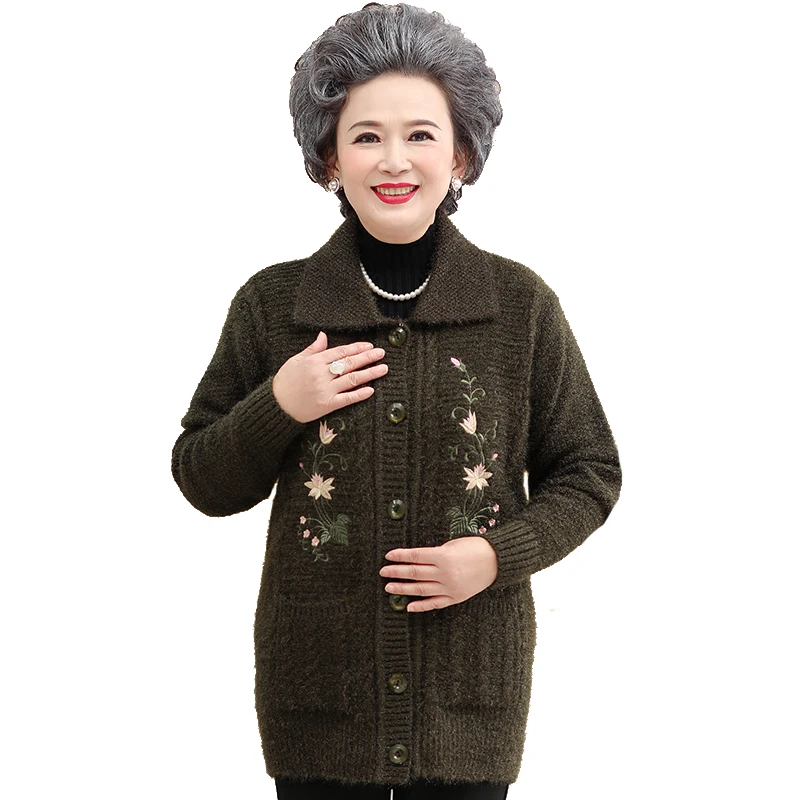 Knitted Cardigan Sweater Coats 2020 Winter Plus Velvet Thicken Elderly Women Knitwear Top Jacket Printed Grandma Clothes W1078 |