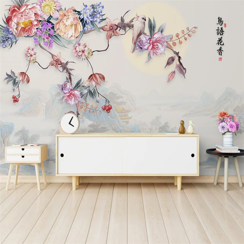 wellyu New Chinese hand-painted flowers and landscape TV background wall custom large mural wallpaper papel de parede | Обустройство