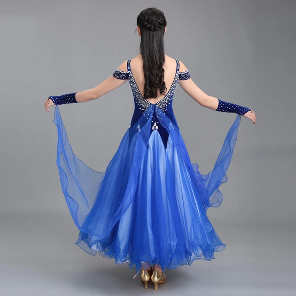 

2018 Modern Dance Dress For Ladies Blue Color Sleeveless Braces Rhinestone Skirt Professional Women Femine Rehearal Wear Q5049