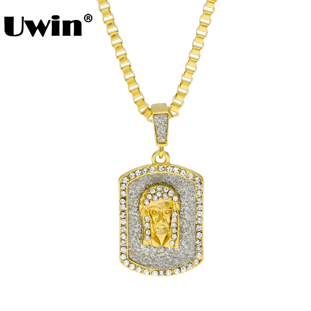 Ожерелье Uwin Jesus Face с подвеской в виде собачки золотого цвета украшенное стразами