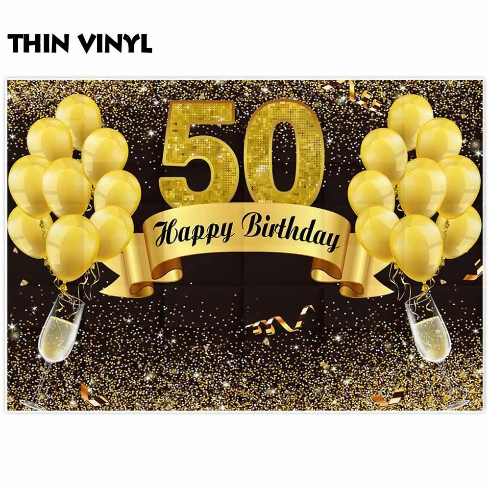 Allenjoy photography 50th birthday backdrops golden balloon Ribbon Champagne luxury party photo background photocall photophone |