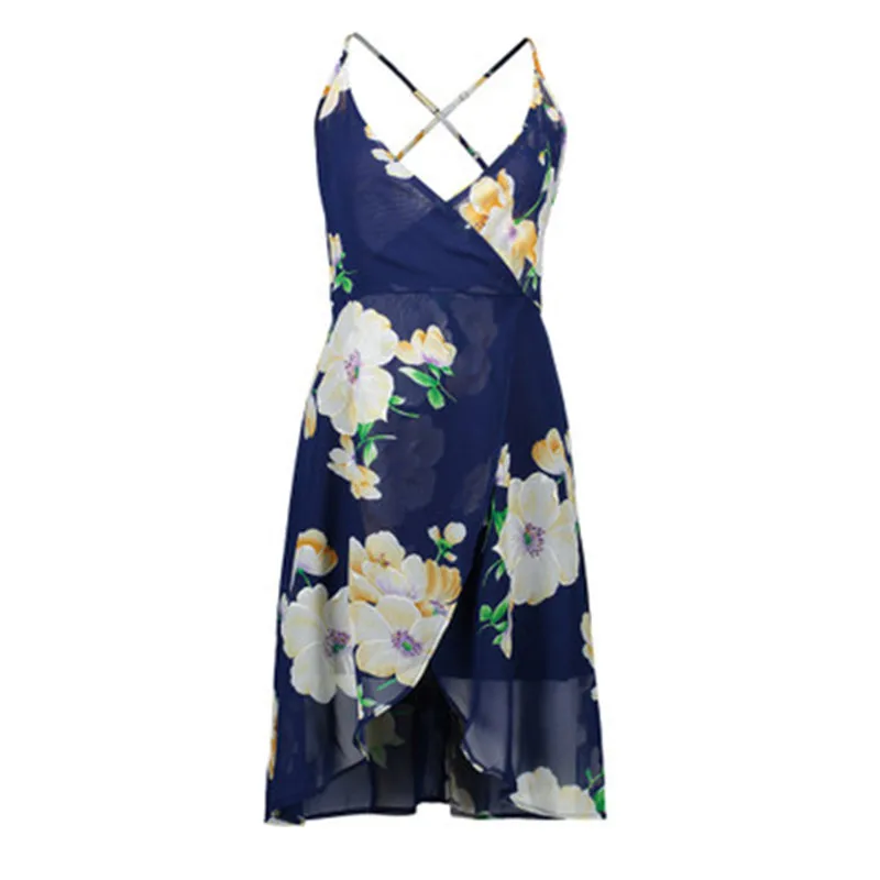 

Floral Print Women Summer Dress Sexy V-neck Chiffon Female Vestidos Asymetrical Strap Beach Dress