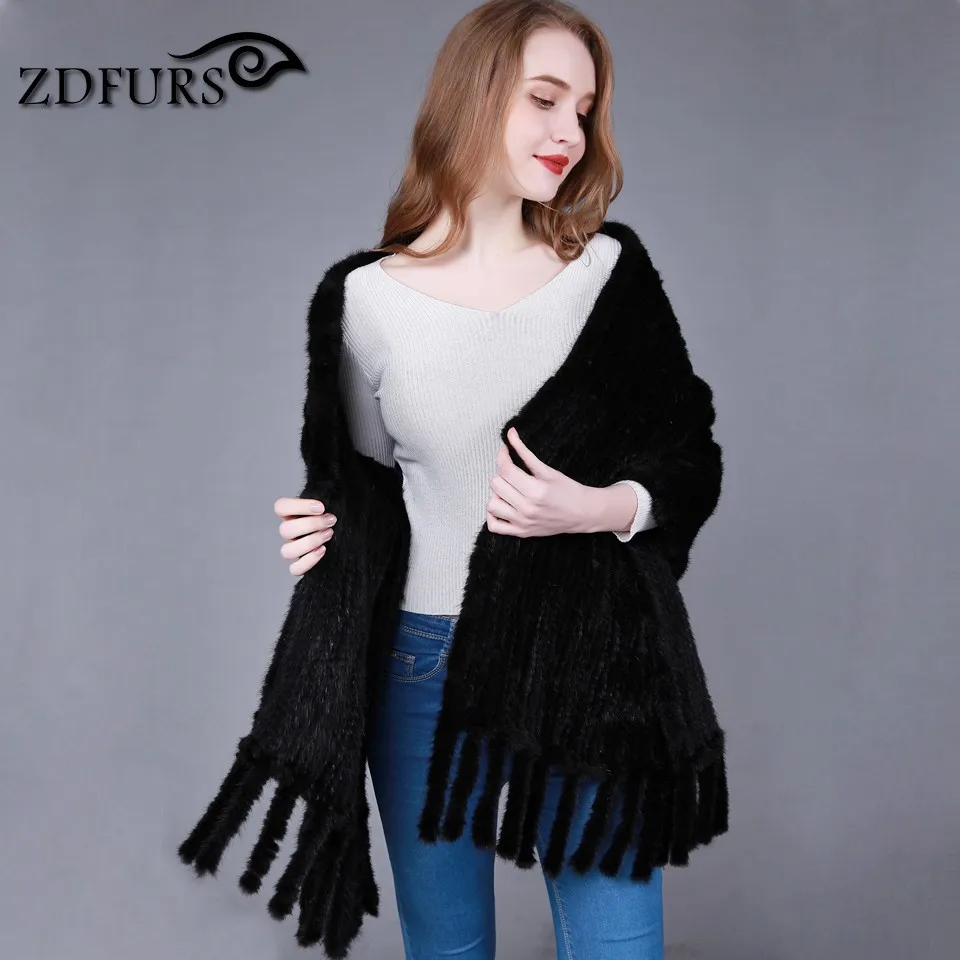 ZDFURS * Натуральная Вязаная Шаль из меха норки с карманом и бахромой норковая