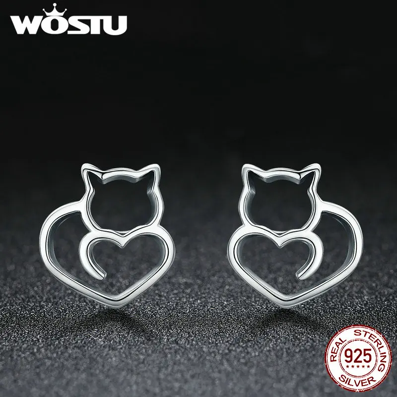 WOSTU горячая Распродажа подлинные 925 пробы серебряные милые маленькие серьги-гвоздики с котом для женщин модные оригинальные серебряные ювелирные изделия CQE271