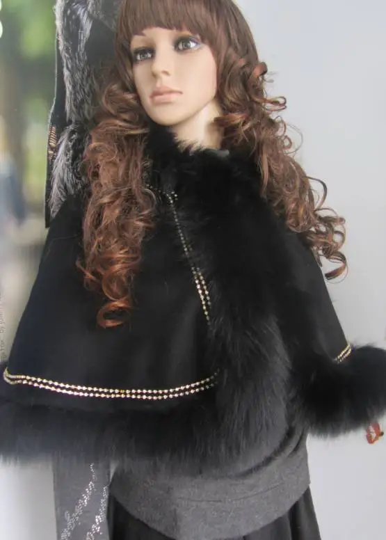 

Free shipping autumn winter Cashmere shawl with Natural fox fur poncho girls evening party crystal lines fur Cashmere cape