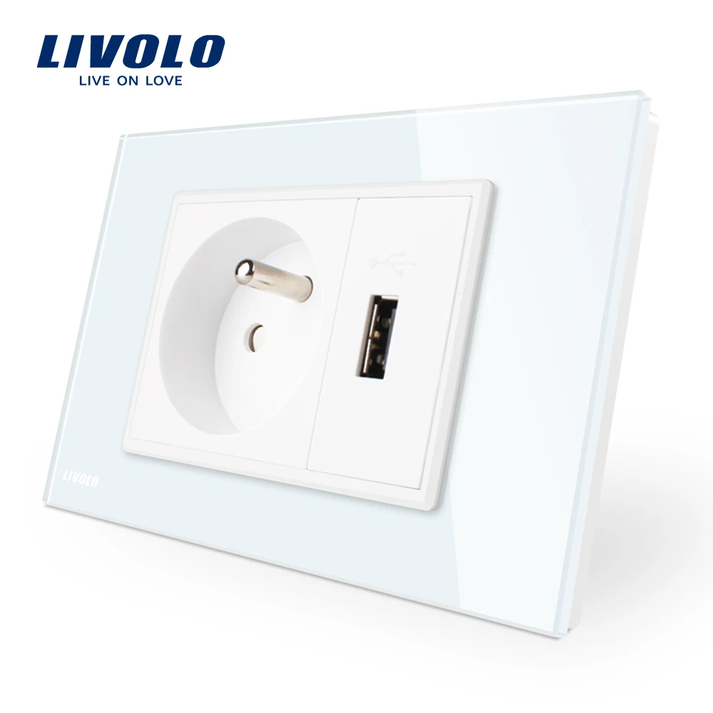 Livolo французская Розетка с usb гнездом белая/черная кристальная стеклянная панель