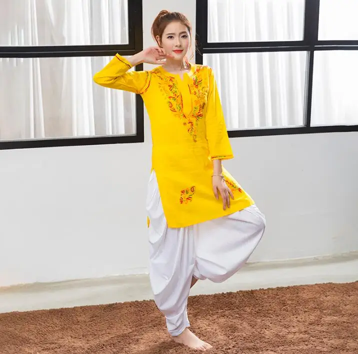 Индийский традиционный Женский костюм для йоги Kurtas брюки хлопковый топ ручной