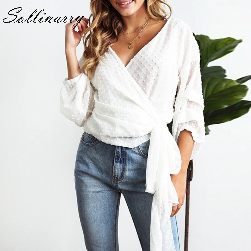 Sollinarry горошек шифон повседневные сексуальные блузки розовый Feminino верхняя блуза