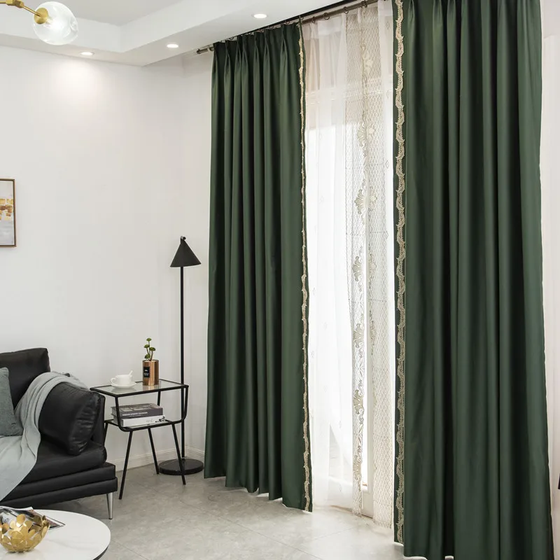 New Arrival Chinese Style Luxury Faux Silk Dark Green Window Curtains for Living Room Bedroom Embroidery Lace Drape