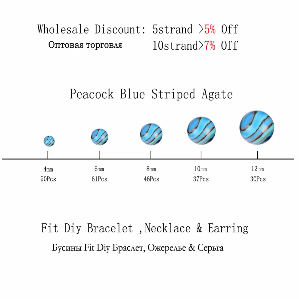4 6 8 10 12mm Round Peacock Blue Striped Agates Stone Spacer Beads For Diy Jewelry Bracelet Making Jewellery Accessories | Украшения и