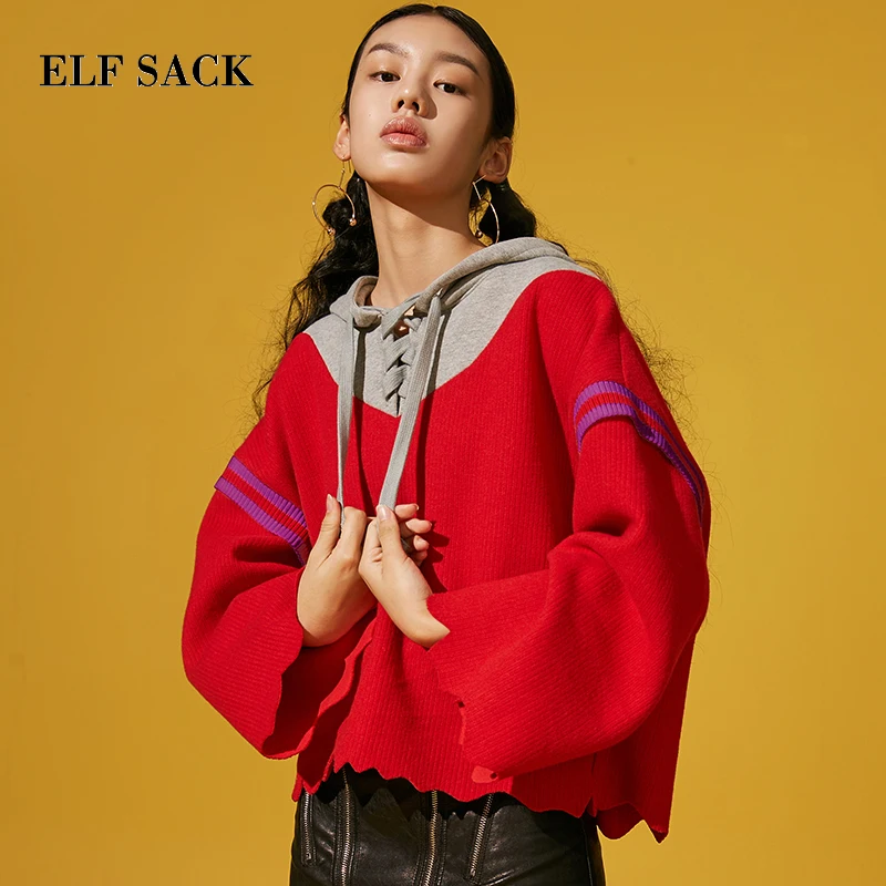 Женский свитер с капюшоном ELFSACK красный хлопковый Повседневный и длинным рукавом