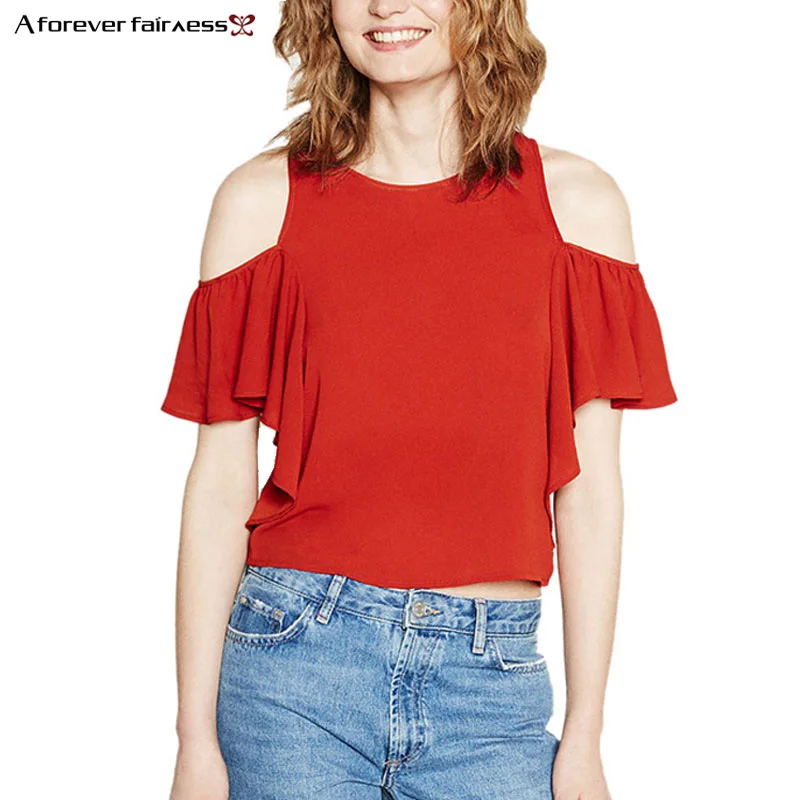 

A Forever Summer Sexy Off Shoulder Ruffles Tops Butterfly Short Sleeve Blouse And Shirt Fashion Red Chiffon Shirt AFF1120