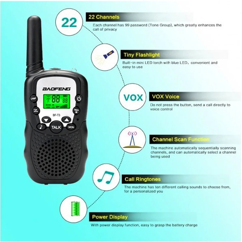 

2pcs Mini Baofeng BF-T3 Walkie Talkie Portable 8/22 Channel Children Two-Way Radio 10 Call Tones HF Transceiver Communicator T3