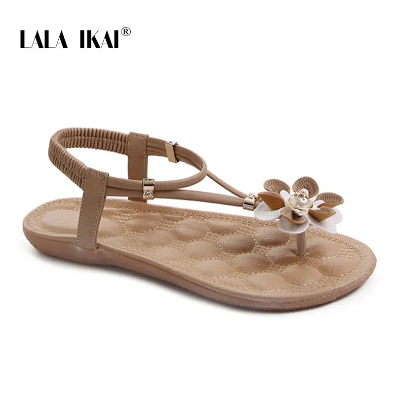 Camel LALA IKAI/Босоножки; летние женские Вьетнамки; Повседневная пляжная обувь на плоской подошве с цветочным принтом; женские сандалии в богемном стиле; босоножки на низком каблуке; 014A3762-4 - Цвет: Camel