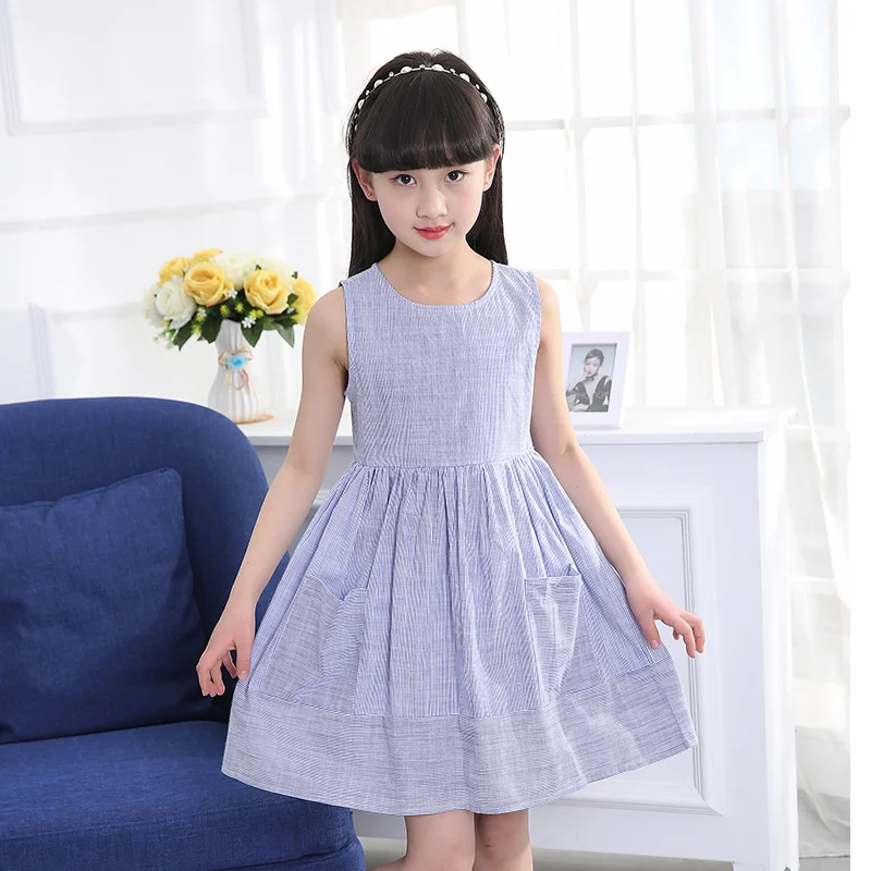 2020 Elegant Vintage Teenage Girl Dress Vertical Stripe Beach Style Kids Dresses With Pockets Toddler Summer Clothing 5-12Y | Детская
