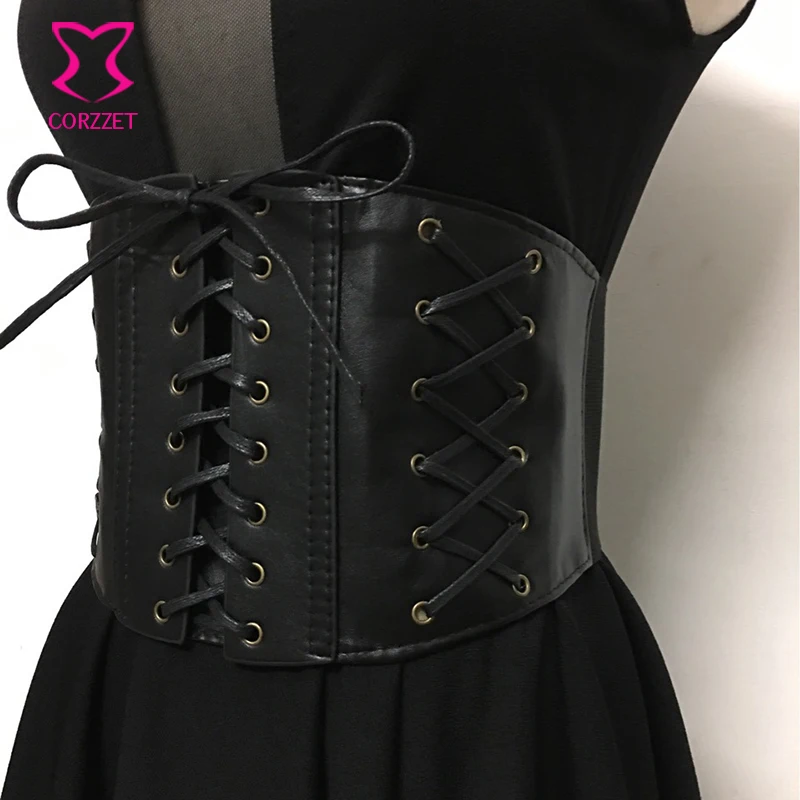 Женский широкий пояс из искусственной кожи Черный винтажный со шнуровкой