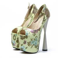 high heels 19cm new 2019 women shoes peep toe pumps leather flower printed party wedding shoes ankle strap platform pumps size43