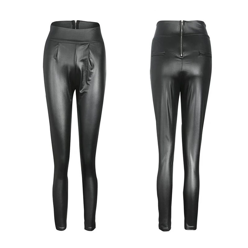 Черные пикантные женские леггинсы тонкие из искусственной кожи тянущиеся Молния