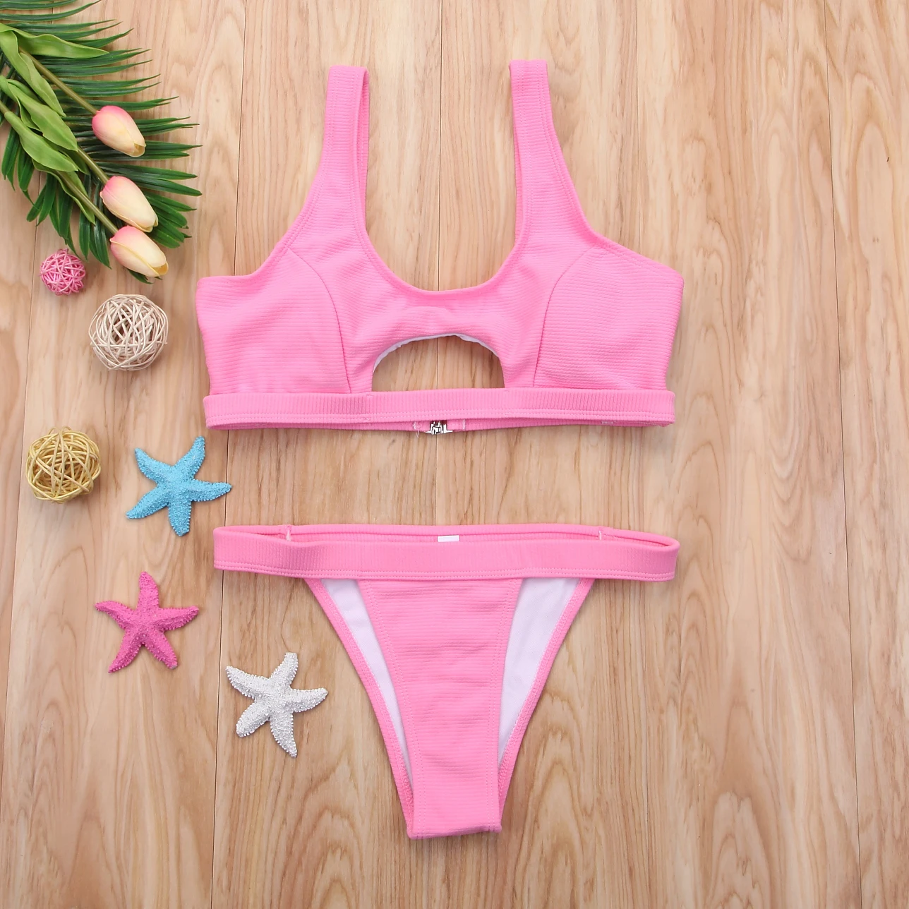 2018 комплект женского бикини с вырезами купальники ярко розового и армейского