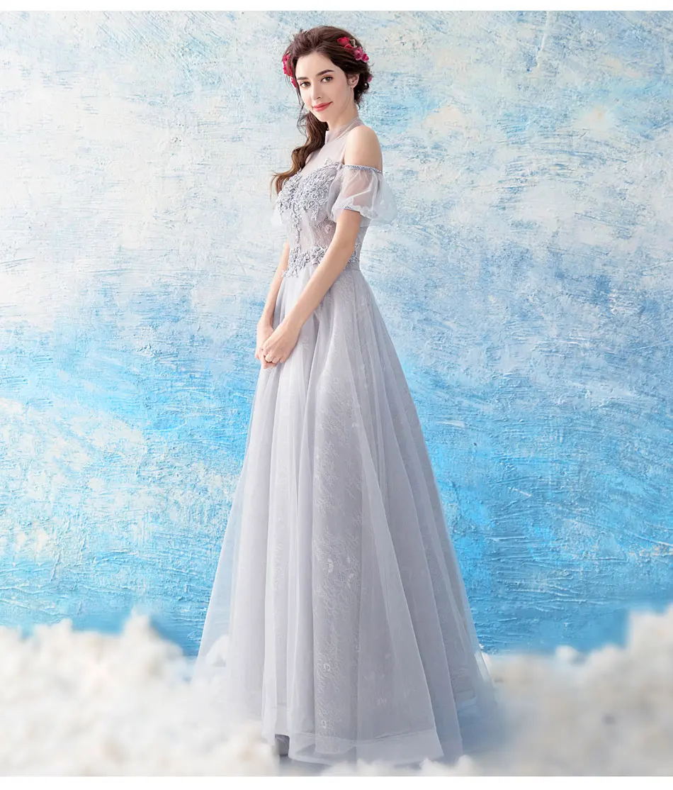 Серый Вечерние платья Топ See Through Кружево Аппликации линии Vestiti Eleganti Donna Cerimonia Sera