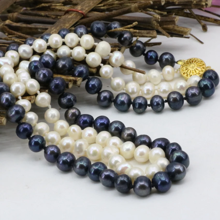 

7-8mm natural real white freshwater pearl beads 2 rows necklace for women fashion statement chain charms jewelry 17-18inch B3240