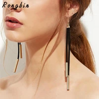 trendy designer black white brown suede leather gold silver color copper tube long tassel drop dangle earrings for women jewelry