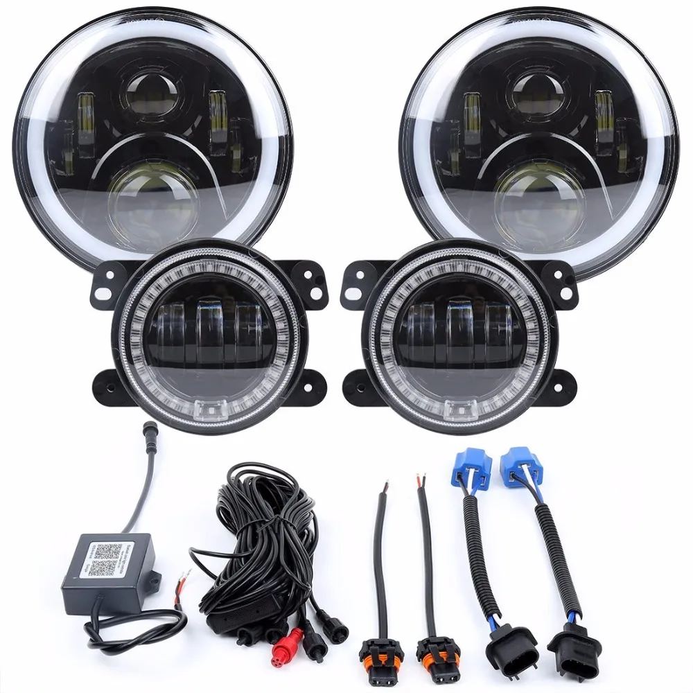 Светодиодные фары и противотуманные 2x7 дюймов + 4 дюйма Halo RGB DRL для jeep Wrangler JK
