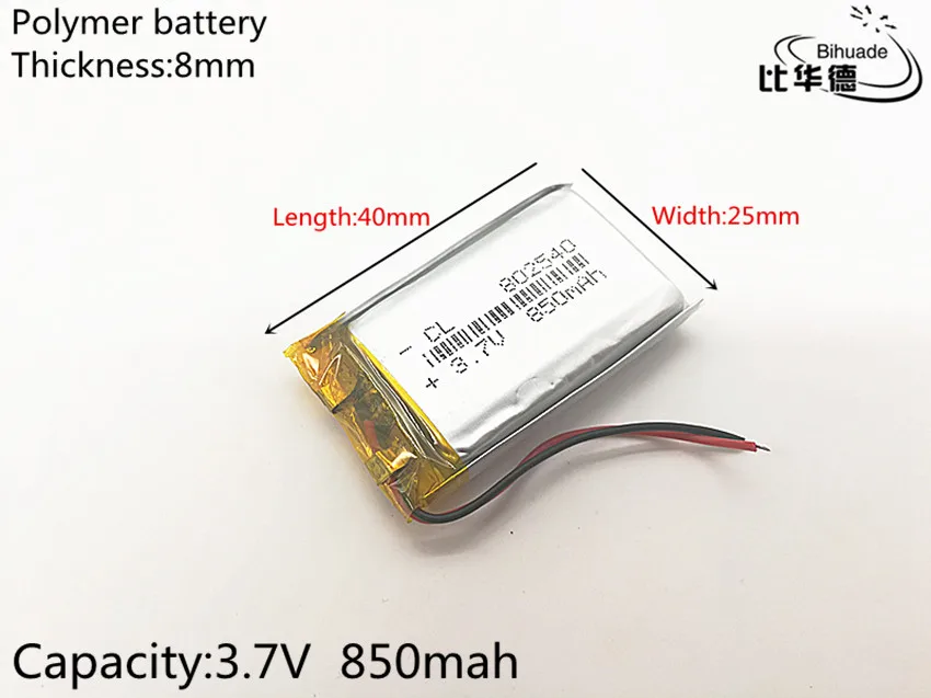 

3,7 V,850mAH,802540 PLIB; Полимерный литий-ионный/литий-ионный аккумулятор для GPS,mp3,mp4,mp5,dvd,bluetooth, модель игрушечного мобильного bluetooth