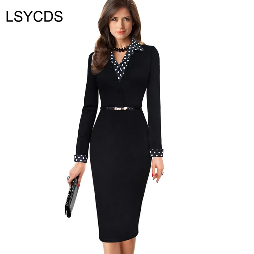 Женское офисное платье в горошек элегантное облегающее черное карандаш с