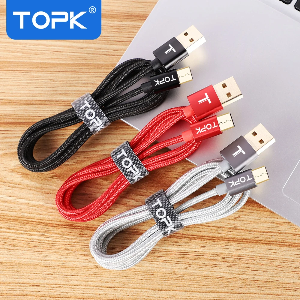Кабель Micro USB TOPK в нейлоновой оплетке для синхронизации данных и зарядки