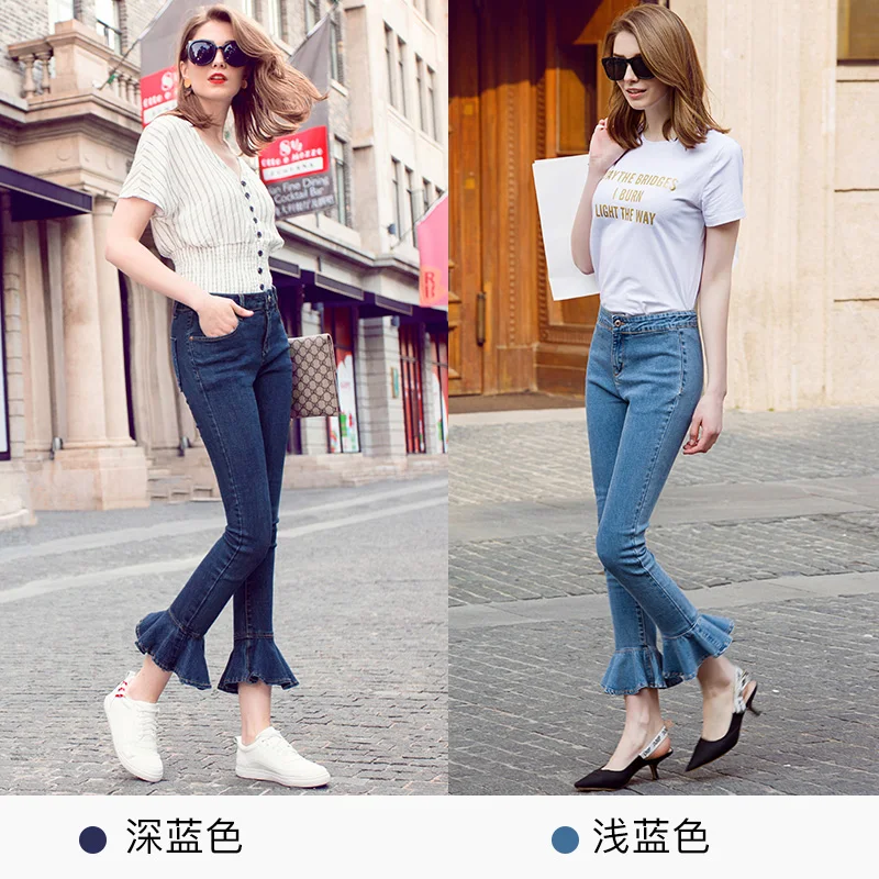 Free Shipping 2021 Ruffles New Fashion Ankle Length Jeans Pants For Women 24-30 Size Denim Female Summer Stretch Blue 3/4 Jeans