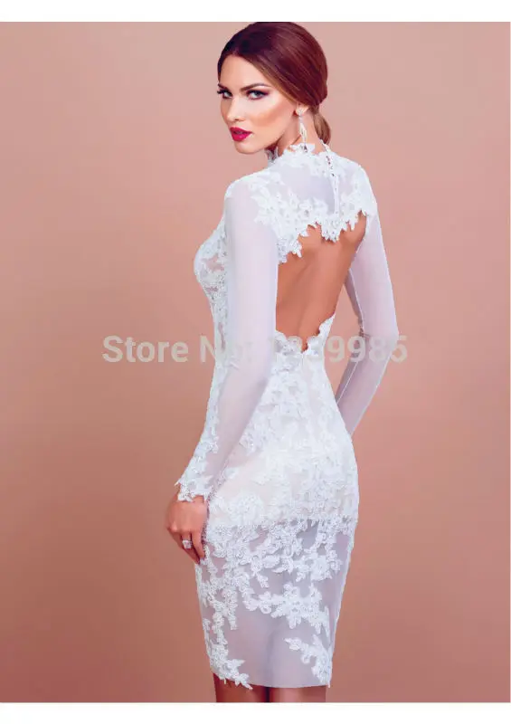 Online Shopping High Neck Lace Sheath short Wedding Dress 2017 Bridal Gown Sheer Design Romantic Bride | Свадьбы и торжества
