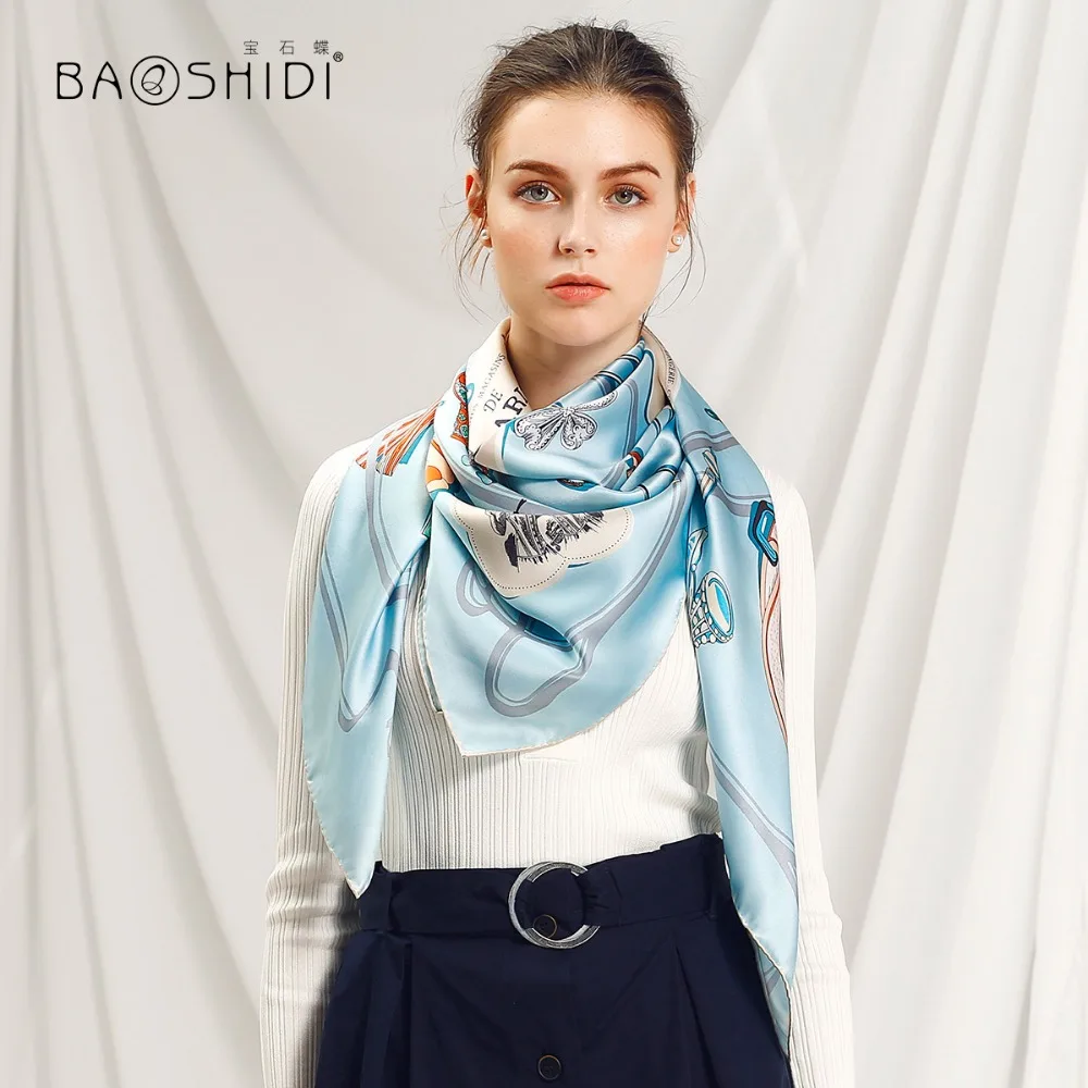 

[BAOSHIDI]High Quality Women Fashion 2018 Scarves,100% pure silk satin fabric scarf,Luxury gift for women,106x106cm hand rolled
