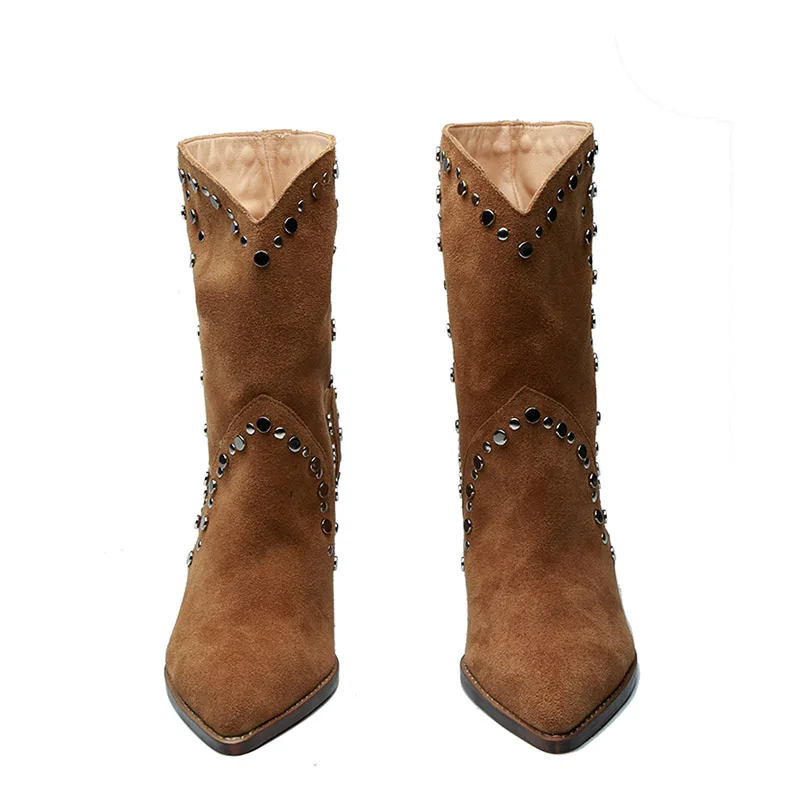 Qianruiti Chaussures Femme коричневые замшевые туфли с заклепками ботинки без застежки
